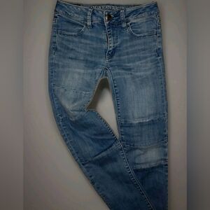 American Eagle Patched Jeans, Jeggings Mid Rise with Hoxton Square Cut Hem 00